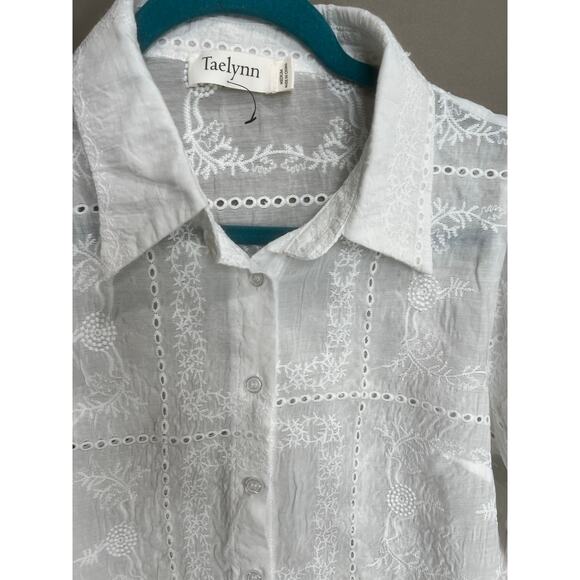Taelynn White Coquette Button Up Puff Sleeve Embroidered Sz M Fairy Cottage Y2K - Picture 10 of 13